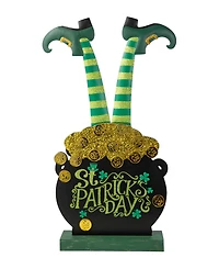 Glitzhome 24" H Wooden St. Patrick's Leprechaun Pot of Gold-Tone Porch Decor
