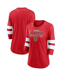 Women's Fanatics Heathered Red, White Distressed Chicago Blackhawks Full Shield 3/4-Sleeve Tri-Blend Raglan Scoop Neck T-shirt