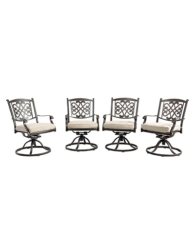 Mondawe Charcoal Gray Cast Aluminum Outdoor Dining Arm Chairs with Flower Pattern Backrest (Set of 4), Beige
