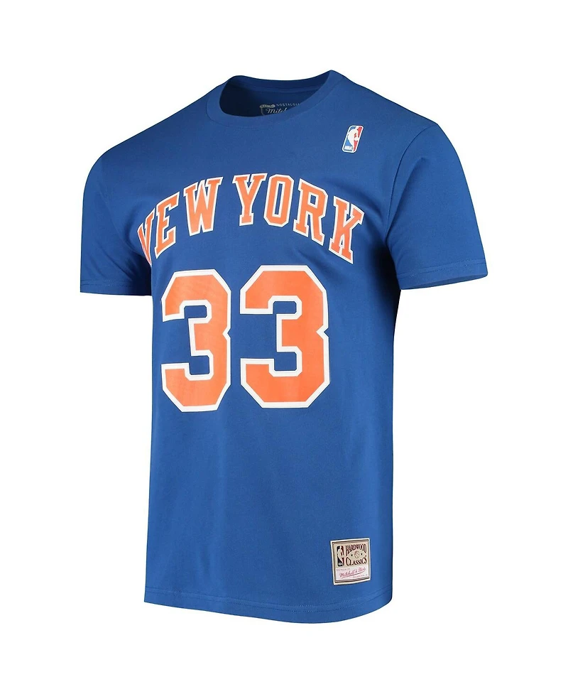 Men's Mitchell & Ness Patrick Ewing Blue New York Knicks Hardwood Classics Stitch Name and Number T-shirt