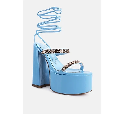 Indulgence Metal Chain Lace Up Chunky Sandals Women