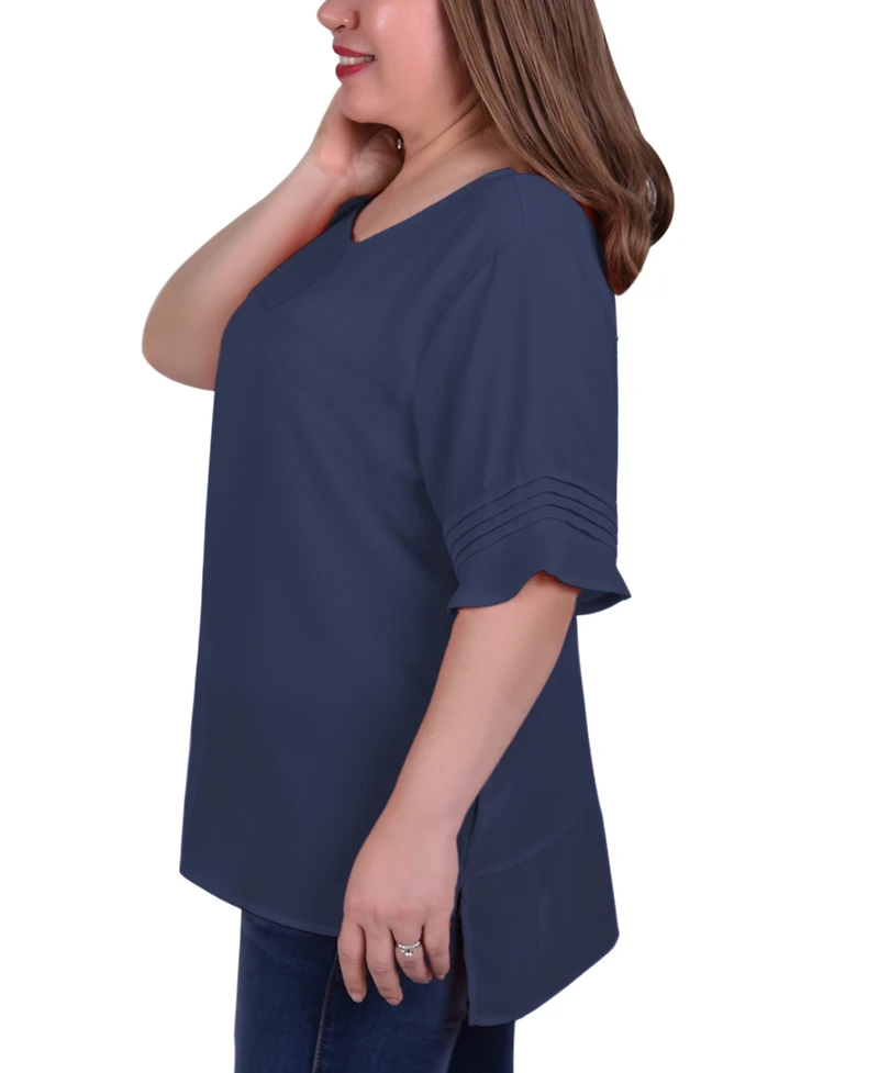 Ny Collection Plus Short Sleeve Crepe Top With Chiffon Yoke