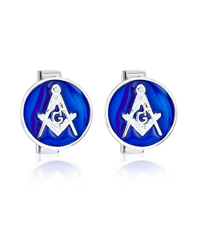Bling Jewelry Round Circle Disc Freemasons Compass Symbol Masonic Cufflinks Royal Blue Enamel Two Tone Sterling Silver Hinge Bullet Back