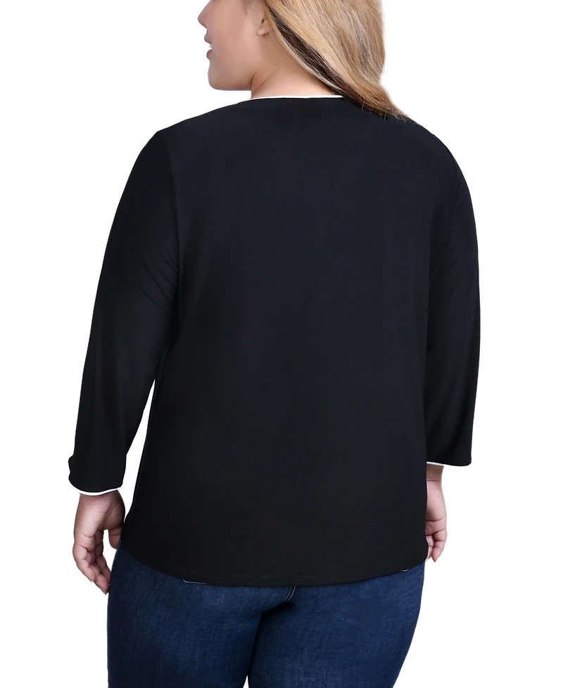 Ny Collection Plus 3/4 Sleeve Piped Top