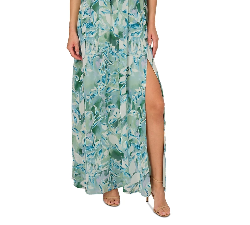 Adrianna Papell Women's Leaf-Print Chiffon Shirred Gown