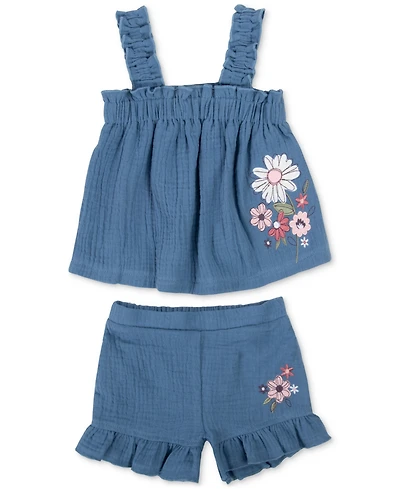 Baby Essentials Baby Girls Cotton Chambray Top and Shorts, 2 Piece Set