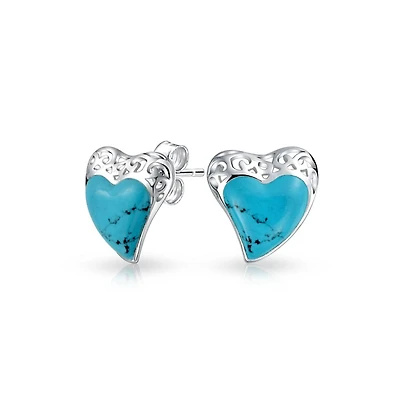 Bling Jewelry Bali Style Filigree Natural Stabilized Turquoise Heart Shaped Stud Earrings For Women For Sterling Silver