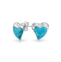 Bling Jewelry Bali Style Filigree Natural Stabilized Turquoise Heart Shaped Stud Earrings For Women For Sterling Silver