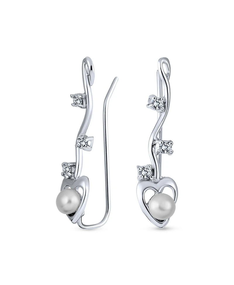 Bling Jewelry Heart White Freshwater Cultured Pearl Wire Ear Pin Climbers Earrings Round Crawlers Sterling Silver