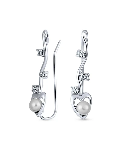 Bling Jewelry Heart White Freshwater Cultured Pearl Wire Ear Pin Climbers Earrings Round Crawlers Sterling Silver