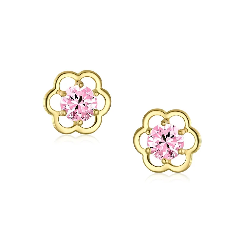 Minimalist Tiny Pink Cz Open Flower Stud Earrings Cubic Zirconia Simulated Pink Topaz 14K Real Gold Screw back