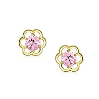 Minimalist Tiny Pink Cz Open Flower Stud Earrings Cubic Zirconia Simulated Pink Topaz 14K Real Gold Screw back
