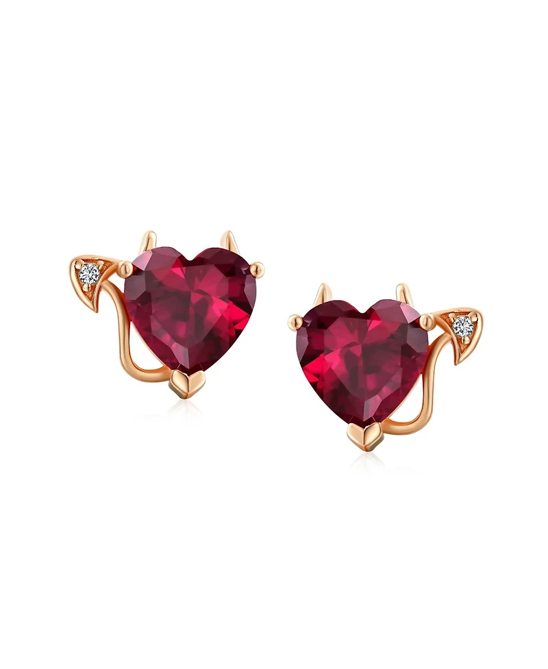 Bling Jewelry Promise Valentine Red Cz Devil Heart Shape Cubic Zirconia Stud Earrings Rose Gold Plated Sterling Silver