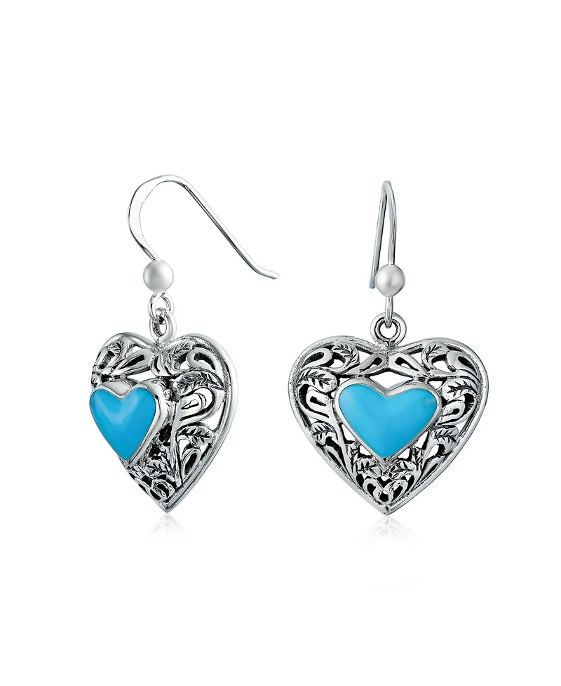 Bling Jewelry Boho Bali Style Scroll Filigree Blue Natural Turquoise Heart Shaped Dangling Earrings Oxidized Sterling Silver Fish Hook
