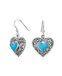 Bling Jewelry Boho Bali Style Scroll Filigree Blue Natural Turquoise Heart Shaped Dangling Earrings Oxidized Sterling Silver Fish Hook