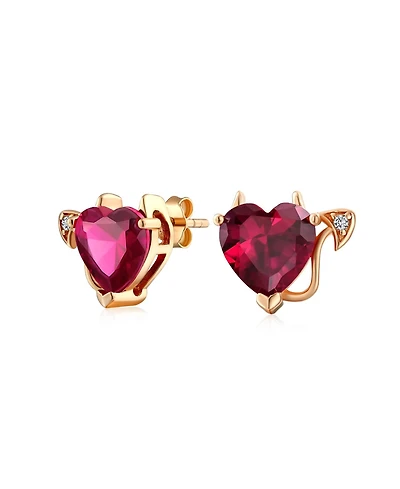 Bling Jewelry Promise Valentine Red Cz Devil Heart Shape Cubic Zirconia Stud Earrings Rose Gold Plated Sterling Silver