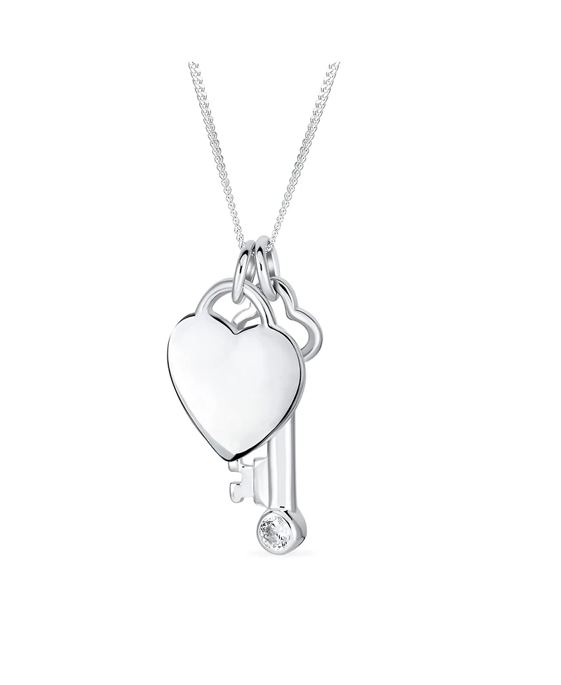 Bling Jewelry Love Lock And Key Heart Cz Accent Charm Pendant Necklace For Women For Sterling Silver
