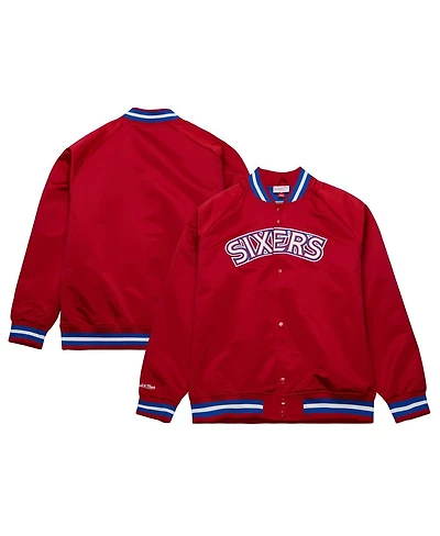 Men's Mitchell & Ness Red Philadelphia 76ers Hardwood Classics Throwback Wordmark Raglan Full-Snap Jacket