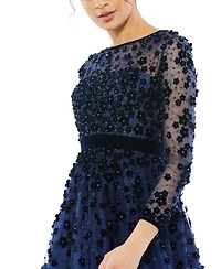 Women's Embellished Illusion High Neck Long Sleeve Fit & Flare Dress