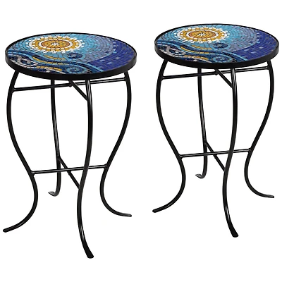 Teal Island Designs Modern Black Round Outdoor Accent Side Tables 14" Wide Set of 2 Blue Mosaic Tabletop for Front Porch Patio Home House