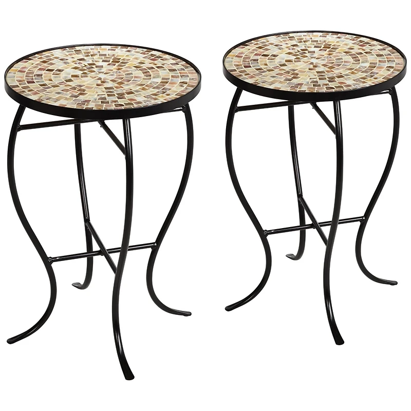 Mother of Pearl Modern Black Metal Round Outdoor Accent Side Tables 14" Wide Set of 2 Natural Mosaic Tile Tabletop Curved Legs for Spaces Porch P