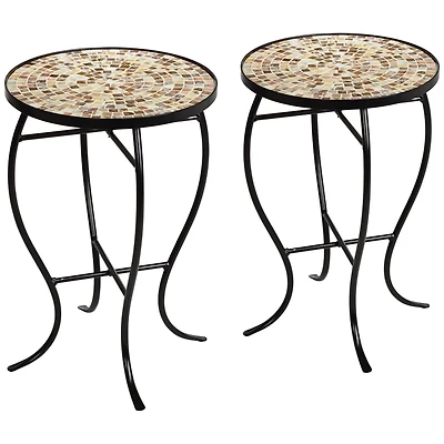 Mother of Pearl Modern Black Metal Round Outdoor Accent Side Tables 14" Wide Set of 2 Natural Mosaic Tile Tabletop Curved Legs for Spaces Porch P