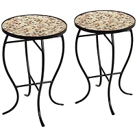 Mother of Pearl Modern Black Metal Round Outdoor Accent Side Tables 14" Wide Set of 2 Natural Mosaic Tile Tabletop Curved Legs for Spaces Porch P