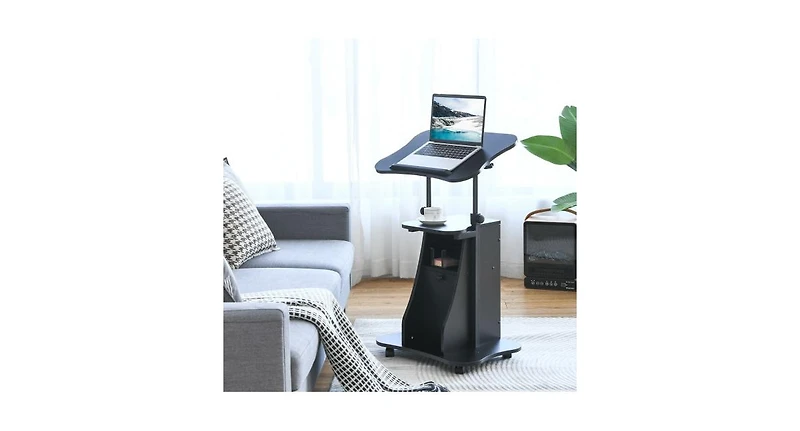 Adjustable Mobile Standing Desk Cart with Tilt Desktop and Cabinet-Black
