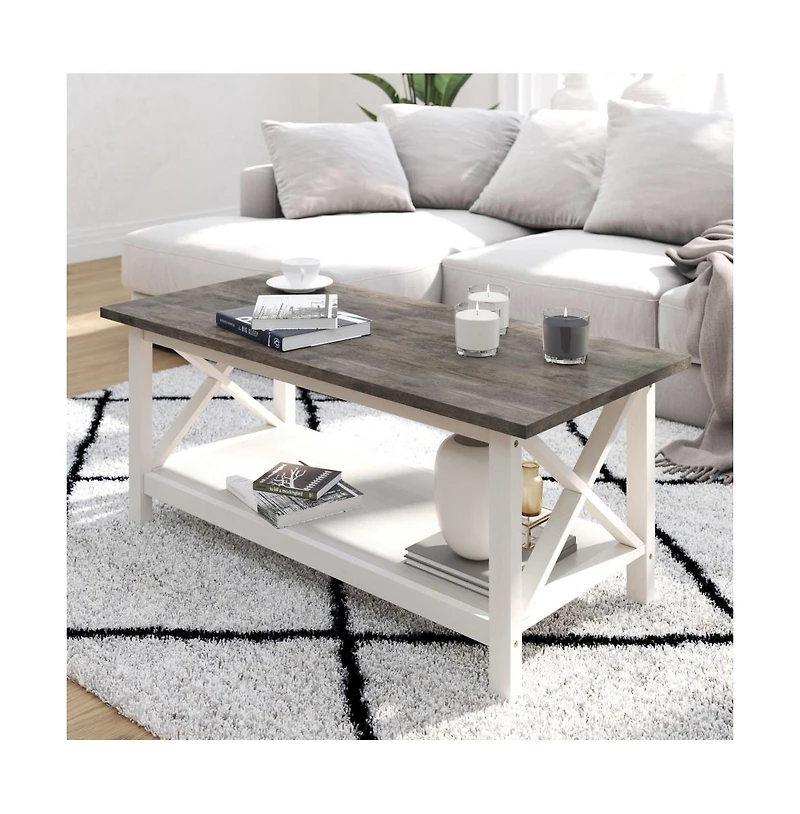 Matty Rustic Coffee Table With Lower Shelf, Farmhouse Style Solid Wood Accent