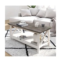 Matty Rustic Coffee Table With Lower Shelf, Farmhouse Style Solid Wood Accent