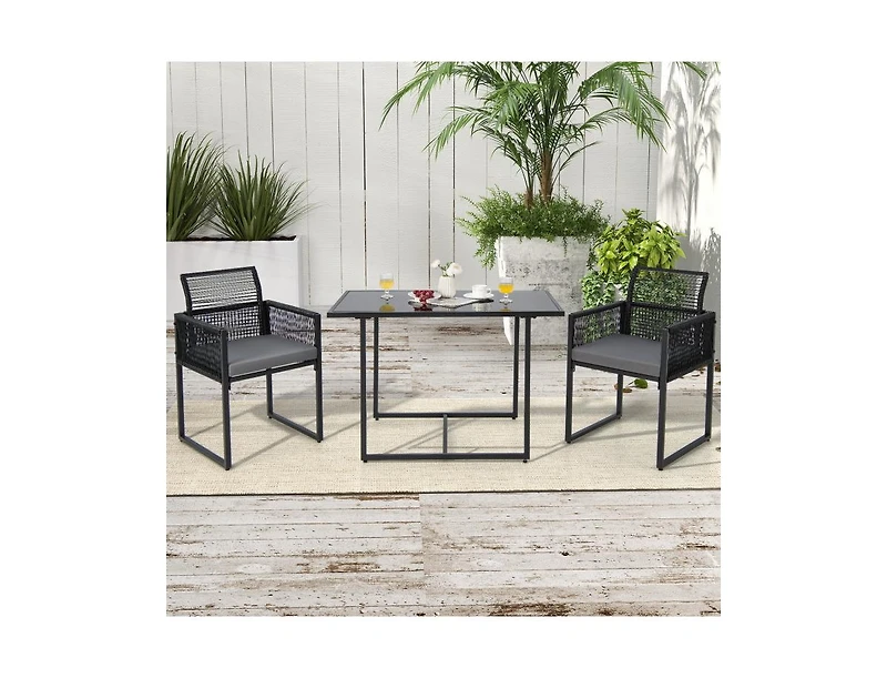 3 Pieces Outdoor Dining Set with Folding Backrest and Seat Cushions-Black