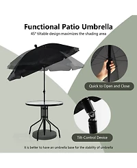 6 Pieces Patio Dining Set Folding Chairs Glass Table Tilt Umbrella for Garden-Grey