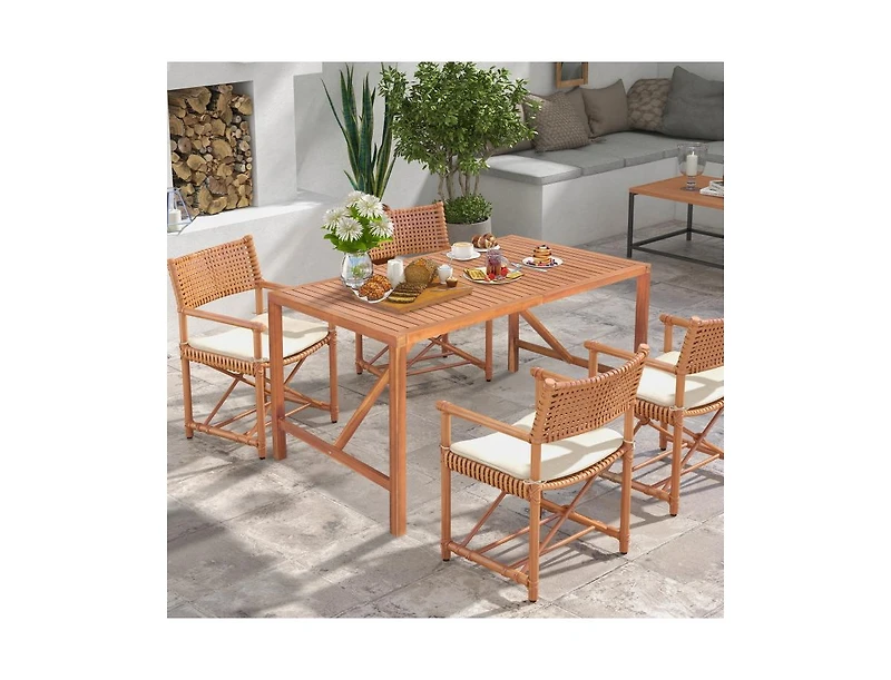 55 Inch Patio Rectangular Acacia Wood Dining Table with Umbrella Hole