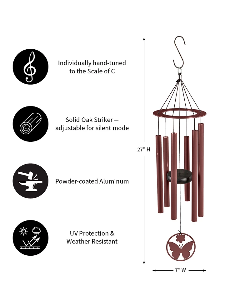 Evergreen Hand Tuned Butterfly Wind Chime for Outside Scale of C|Deep Tone|Powder-coated Metal|Red|27-Inches Tall Memorial Gift for Home Garden Decora