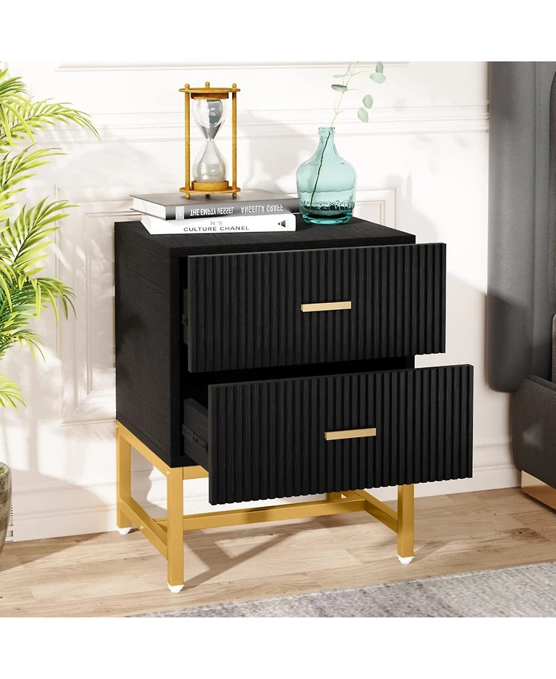 Tribesigns 2-Drawer Nightstand, White Gold Night Stands Bed Side Table with Storage Large, Wood Metal Nightstands Bedroom Organizer, Striped