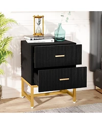 Tribesigns 2-Drawer Nightstand, White Gold Night Stands Bed Side Table with Storage Large, Wood Metal Nightstands Bedroom Organizer, Striped
