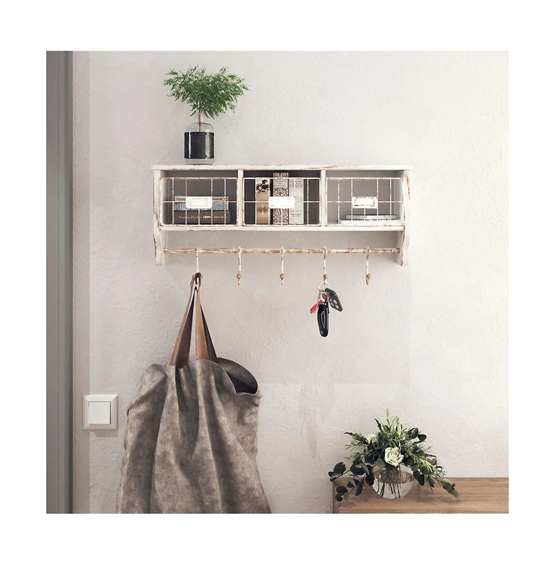 Rustic Coat Rack Wall Mounted Shelf With Hooks & Baskets, Entryway Organizer 5 And Cubbies