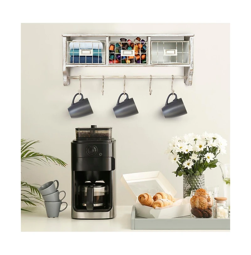 Rustic Coat Rack Wall Mounted Shelf With Hooks & Baskets, Entryway Organizer 5 And Cubbies