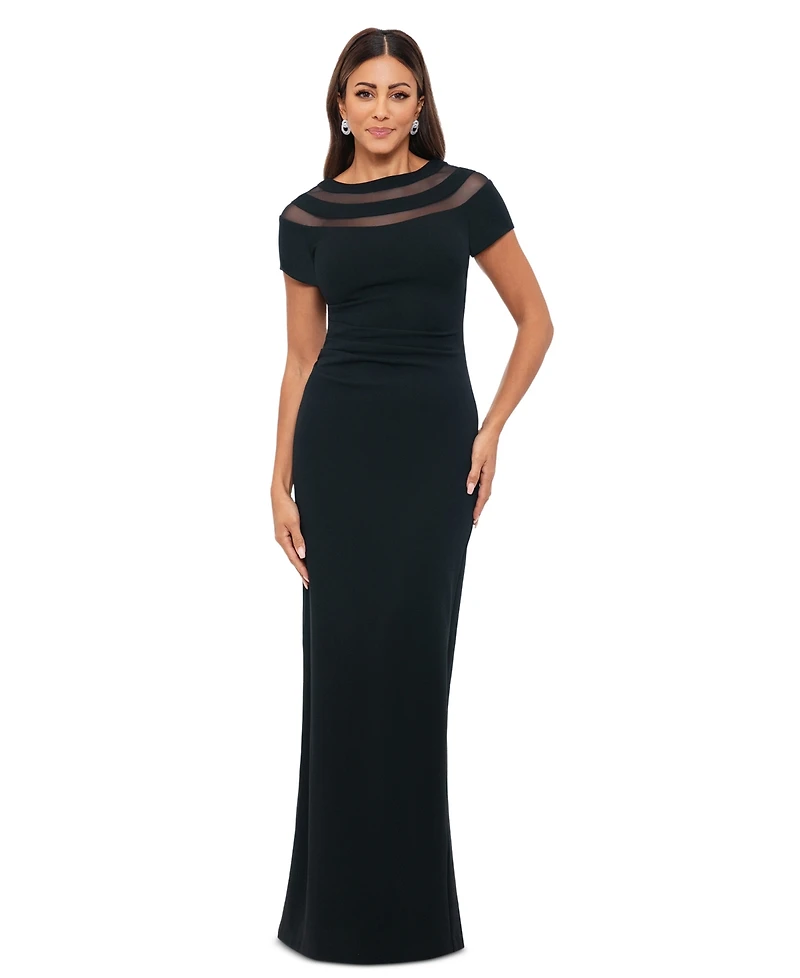 Xscape Women's Illusion-Neck Ruched-Back Scuba Crepe Gown