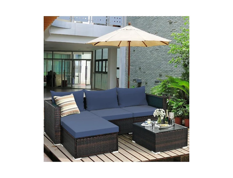5 Pieces Patio Rattan Sectional Furniture Set with Cushions and Coffee Table