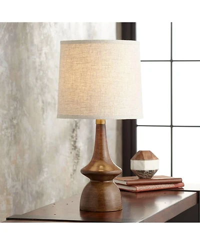 360 Lighting Mid Century Modern Table Lamp 24" High Walnut Faux Wood Brown Off White Linen Drum Shade for Bedroom Living Room House Bedside Offic
