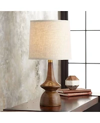 360 Lighting Mid Century Modern Table Lamp 24" High Walnut Faux Wood Brown Off White Linen Drum Shade for Bedroom Living Room House Bedside Offic