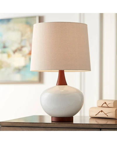 Brice Mid Century Modern Accent Table Lamp 23" High Ivory Ceramic Wood Neck Off White Tapered Drum Shade for Bedroom Living Room House Home Bedsi