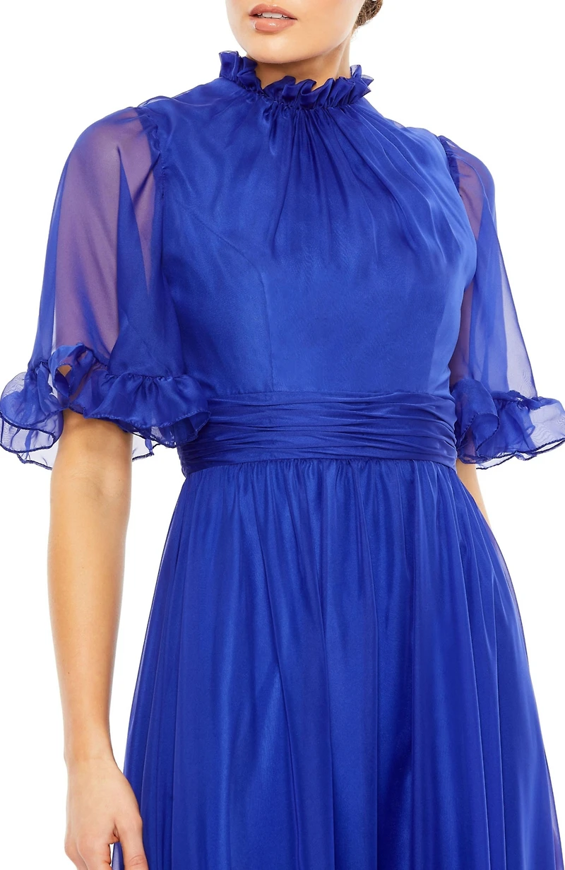 Women's Ruffled High Neck Flutter Sleeve Low Hem Gown