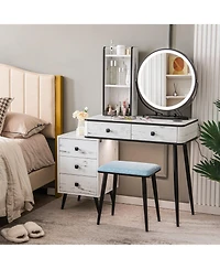 Slickblue Vanity Table Set with 3-Color Lighted Mirror and Cushioned Stool