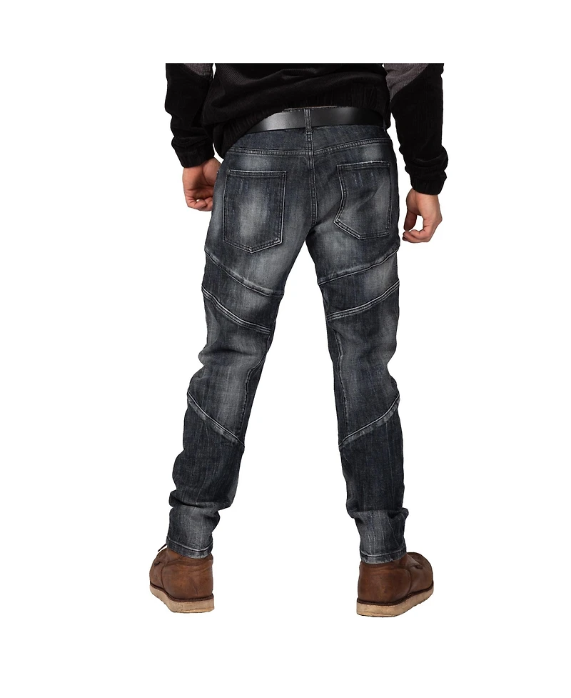 Men's Cut & Sewn Detail Curved Leg Slim Taper Moto Jeans
