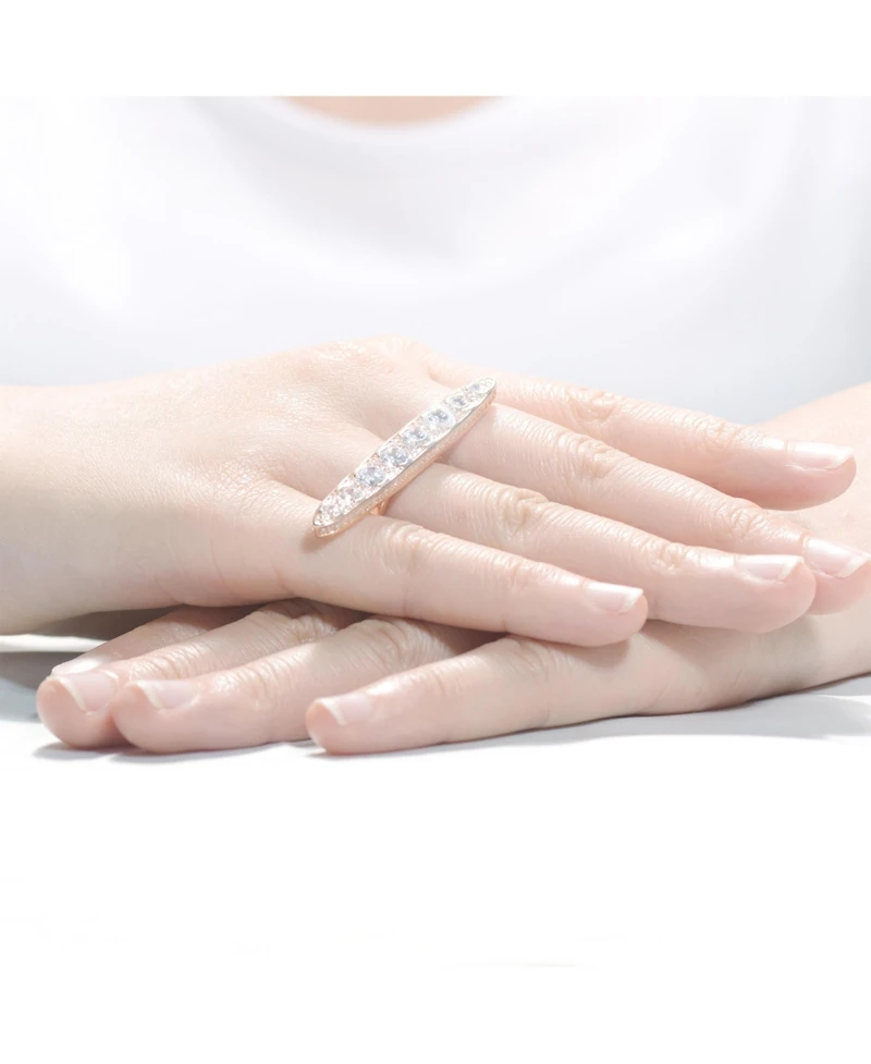 Sterling Silver 18K Rose Gold Plated Clear Cubic Zirconia on Long Strip Accent Ring