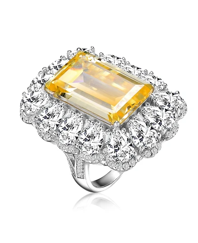 Sterling Silver White Gold Plated with Yellow Rectangle Cubic Zirconia with Cubic Zirconia's Petals Flower Ring
