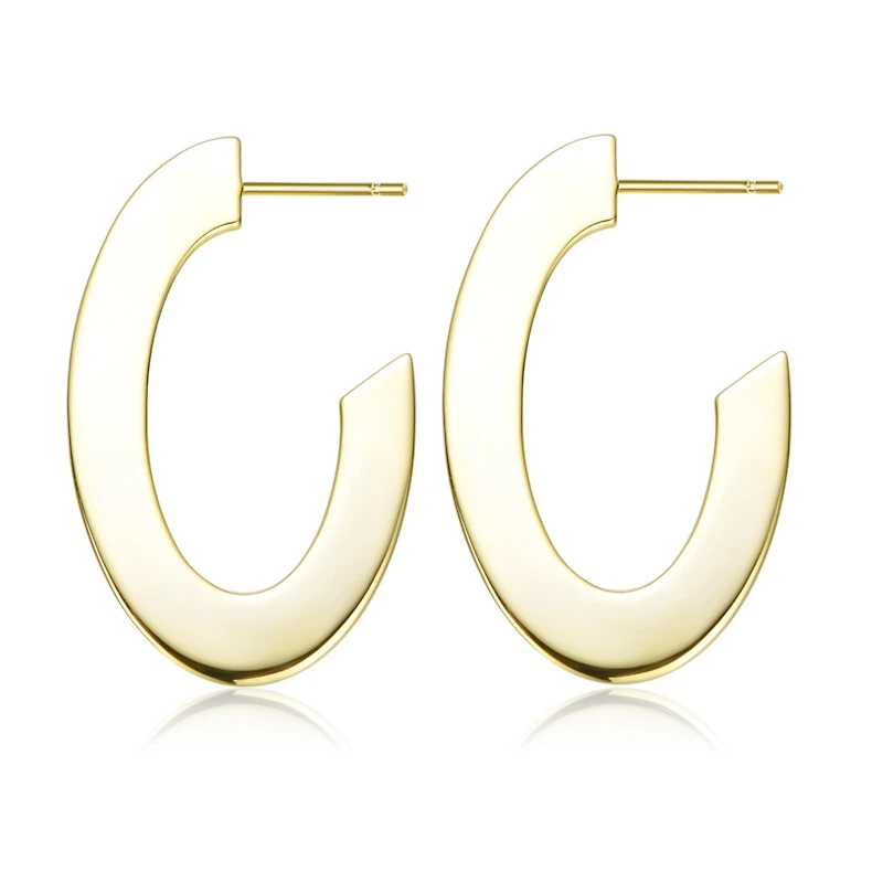 Stylish 14K Gold Plated Ribbed Narrow Open Circle Hoop Earrings