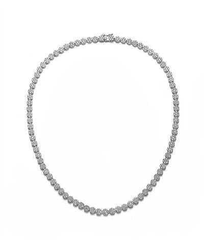 Sterling Silver with White Gold Plated Clear Round Cubic Zirconia Flower Design Tennis Necklace